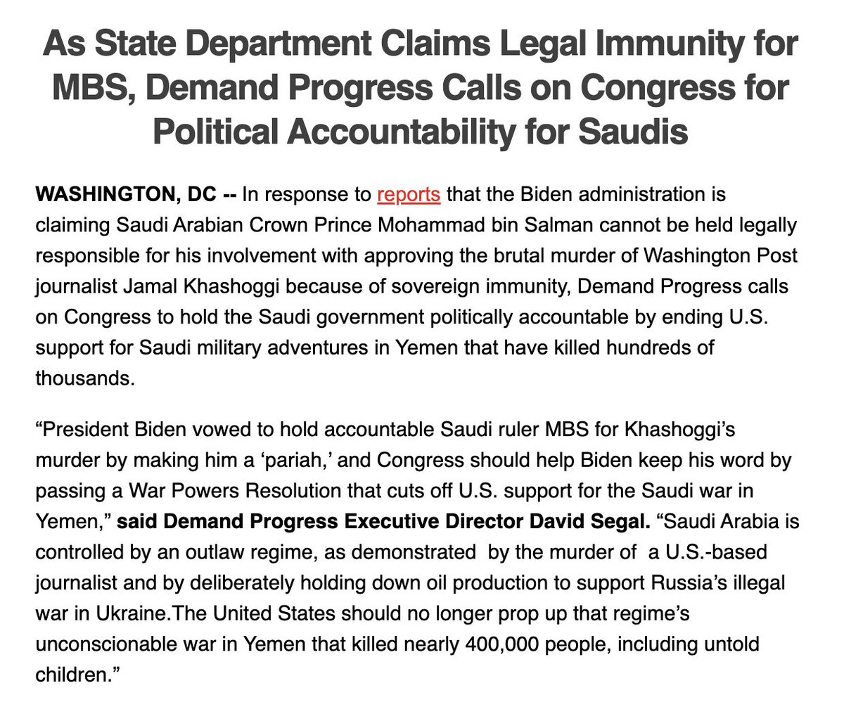 demandprogress's tweet photo. As the @StateDept claims legal immunity for Mohammad bin Salman, we're calling on Congress for political accountability for the Saudis by ending U.S. support for Saudi military adventures in Yemen that have killed hundreds of thousands. #YemenCantWait

Our full statement: https://t.co/NReYDHG4Yg