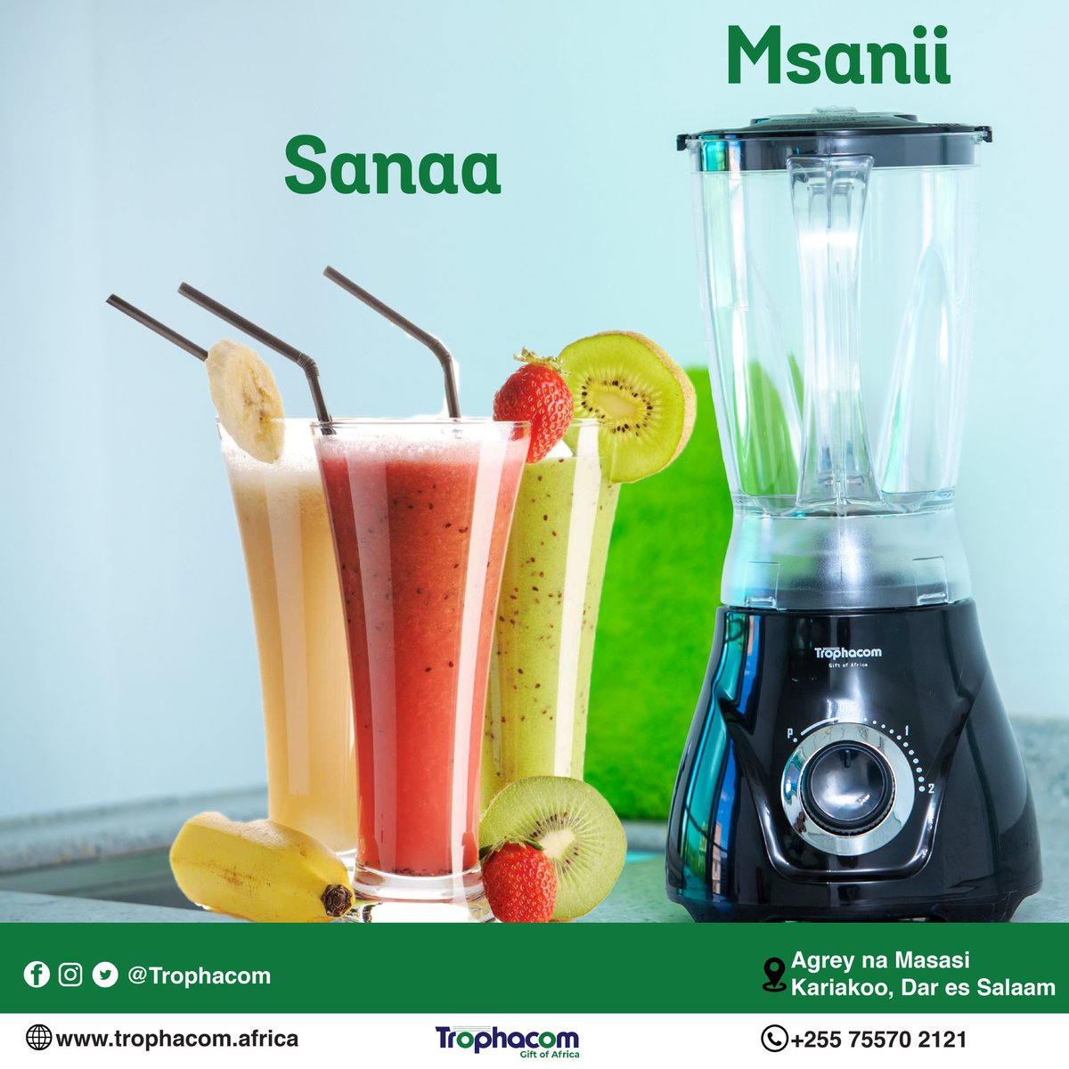 Msanii bora hutengeneza sanaa nzuri
______________________
Tupigie simu namba:
+255 755 702121
______________________
Barua pepe:
sales@trophacom.africa
______________________
Fika ofisini kwetu:
📍 Dar es salaam: Kariakoo Mtaa wa Agrey na Masasi