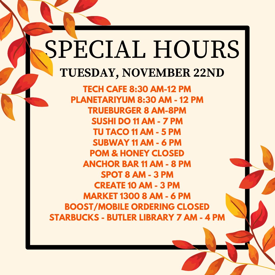 BuffStateDining's tweet photo. ⚠️ Special Hours ⚠️
Before you head out on break be sure to stop by retail dining and fuel up on your favorites!
Bengal Kitchen will be open normal hours today:
Breakfast: 8am-10:30am
Lunch: 11am-3:30pm
Dinner: 4pm-8:30pm https://t.co/anWOpDcX4S