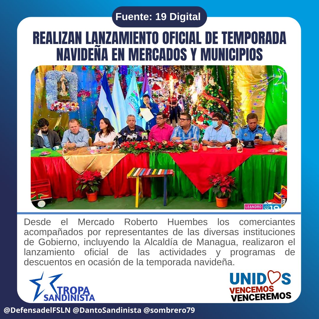 #Nicaragua Realizan lanzamiento oficial de temporada navideña en mercados y municipios.
#UnidosVencemosVenceremos
#TropaSandinista seguimos #EnDefensadelFSLN ✌️🔴⚫💪🇳🇮