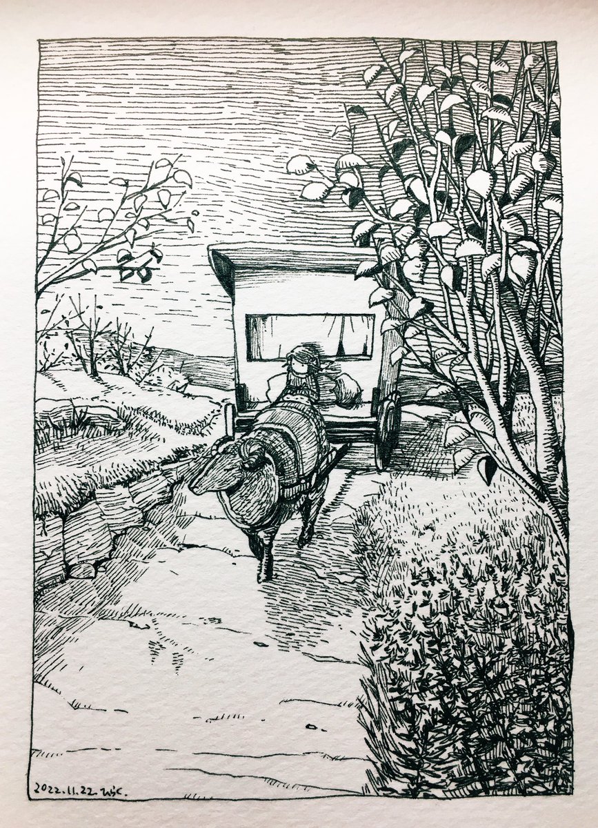 11/22:
夜明け前の浅い眠りの中で、植物達は馬車で旅する夢を見る。
In their light sleep before dawn, plants dream of traveling in a wagon.

 #Pavot  #ペン画 