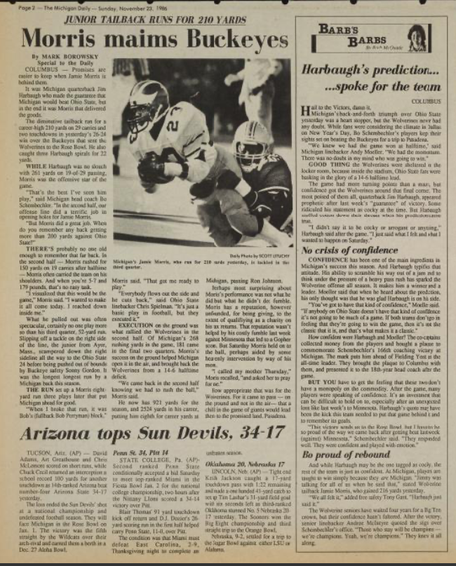 BarbMcQuade's tweet photo. When @UMichFootball beat Ohio State 36 years ago this week, @CoachJim4UM was the confident quarterback, and a scrappy student beat writer provided @MichiganDaily readers with this sharp analysis. My column from Nov. 23, 1986, complete with 80s hair! @TheBlockM https://t.co/Hbsp0KDXWf