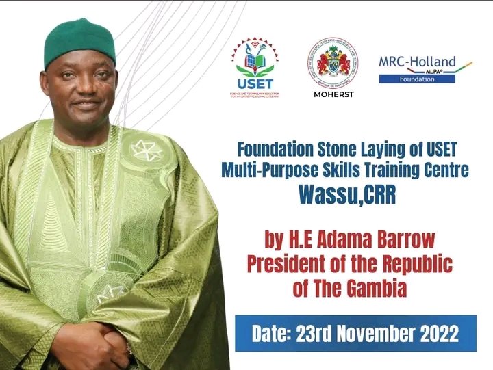 USET_UNIVERSITY's tweet photo. The President, His Excellency Adama Barrow will tomorrow preside over the laying of the foundation stone of USET Multi-Purpose Skills Training Center in Wassu, CRR. This move is part of the Government's efforts to decentralize TVET institutions across the country. https://t.co/QmonBOEyr1