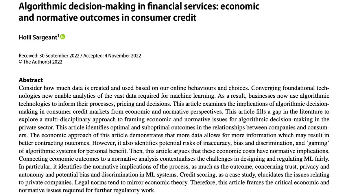 What does algorithmic decision-making mean for economics and norms in consumer credit markets? Read my recently published article in @AIandEthics to find out! doi.org/10.1007/s43681… - explainer thread below