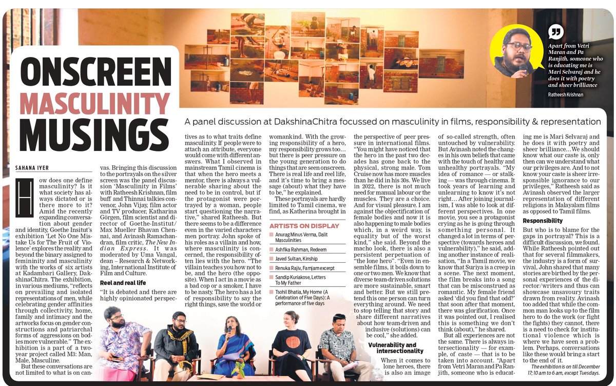 A panel discussion at <a href="/DakshinaChitra/">DakshinaChitra</a> focussed on #masculinity in #films at the inauguration of <a href="/GI_Chennai/">GI_Chennai</a> 's #art #exhibition 'Let No One Mistake Us for the Fruit of Violence'. 
<a href="/NewIndianXpress/">The New Indian Express</a> <a href="/xpresstn/">TNIE Tamil Nadu</a> <a href="/SahanaIyer5/">Sahana Iyer</a> 

Read here: bit.ly/3gmLT9n