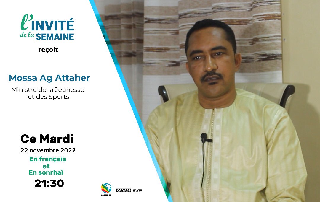 AlafiaTv's tweet photo. Le ministre de la jeunesse et des sports, chargé de l'instruction Civique et de la Construction citoyenne M. Mossa Ag Attaher sera notre invité ce soir à partir de 21h30 en français et sonrhaï. #Mali #Jeunesse #Sports #Gao https://t.co/sdGZWkosFt