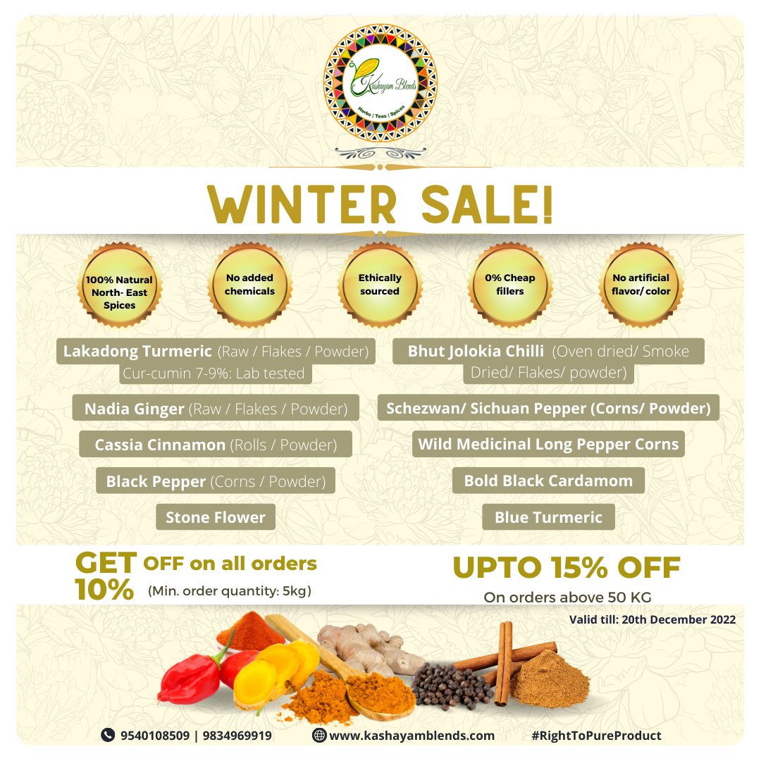 kbblends12's tweet photo. 📢The biggest winter sale is live.

It's time to spice up your cooking ! 🫕

👉Amazing deals on orders above 5kg
Hurry up !

Fill up your shopping carts and kitchens with all unique, authentic spices from @kashayamblends

#kashyamblends #spices #spiceitup #spiceofficial #offer https://t.co/MD80Th8JOH