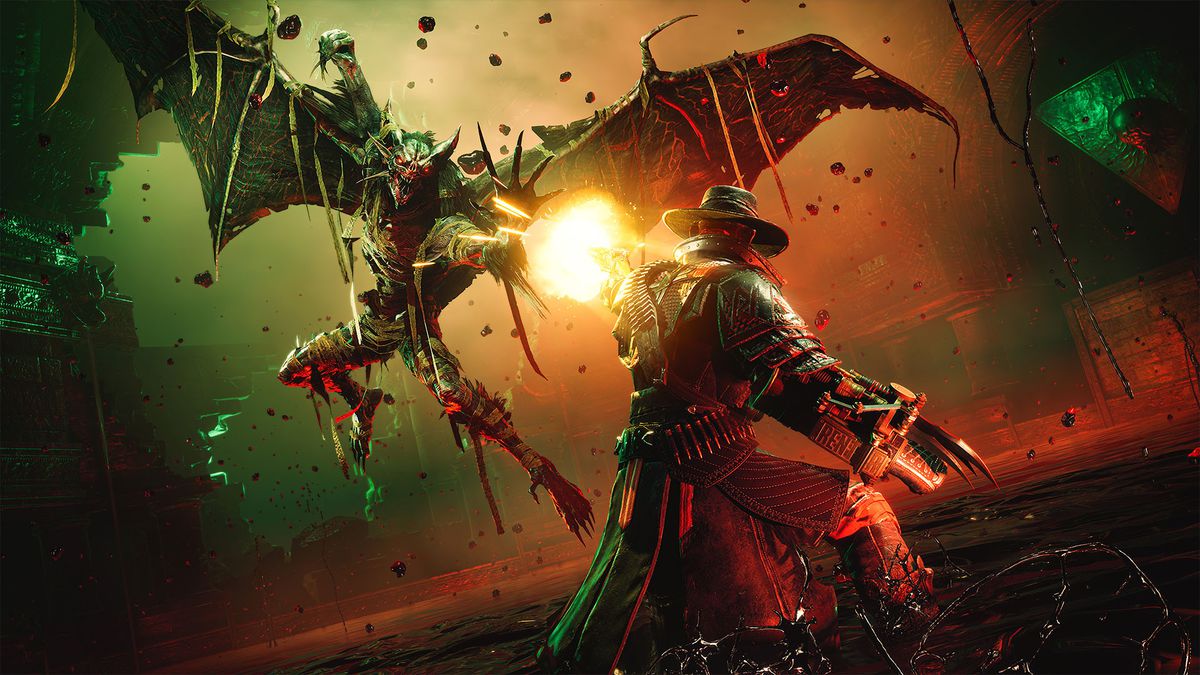 Polygon's tweet photo. Evil West, the vampire/Wild West mashup with Doom-like combat, is available today. Read our full review here: https://t.co/I9Yui5ldU5 https://t.co/rwLhQckQjm