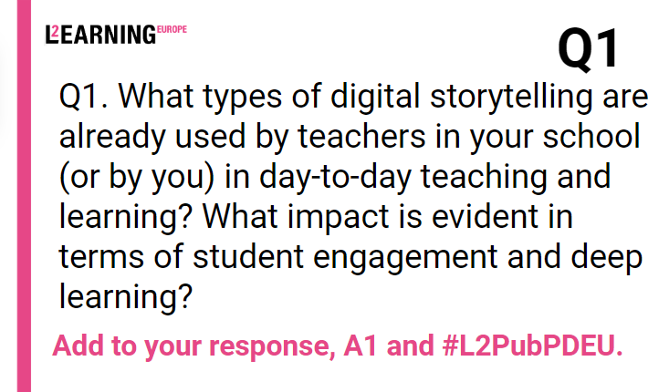 learning2's tweet photo. Q1. What types of digital storytelling are already used by teachers in your school (or by you) in day-to-day teaching and learning? What impact is evident in terms of student engagement and deep learning? #L2PubPDEU

#digitalstorytelling #deeplearning #globalcitizenship? https://t.co/E3BrJu4Fqm