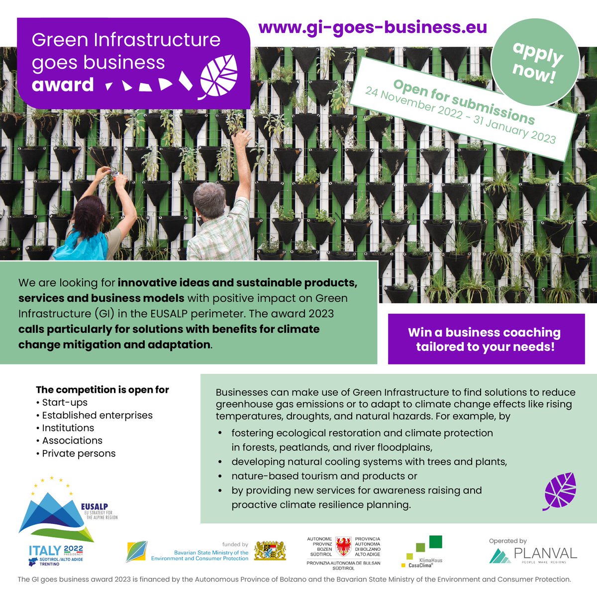 🌱💼🏆 The kick-off event of the Green Infrastructure goes business award 2023 is this thursday during the #FORA22
#ShapingEUSALPtogether
@PLANVALAG <a href="/ClimateHouse/">Climate change on housing and Construction</a> <a href="/STMUV_Bayern/">Umweltministerium Bayern</a> <a href="/ProvinciaTrento/">Provincia autonoma di Trento</a> @AURA__EE
