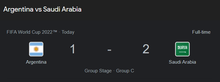 Benzinga's tweet photo. The World Cup starts and the surprises begin.

Argentina lost against Saudi Arabia, 2 to 1
https://t.co/xJtoMrh6CE https://t.co/VZvlNuebwM