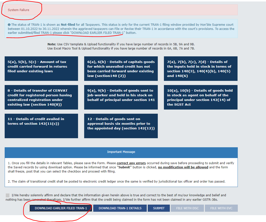 raunakkrjindal's tweet photo. #TRAN1 - To access the earlier submitted/filed TRAN-1 please click "DOWNLOAD EARLIER FILED TRAN-1" button
@Infosys_GSTN - On clicking the button, get a "SYSTEM FAILURE" message
@cbic - Supreme Court guidelines and directions gone for a TOSS
#taxpayers
#harassment
#GST https://t.co/4eOPda27Qp