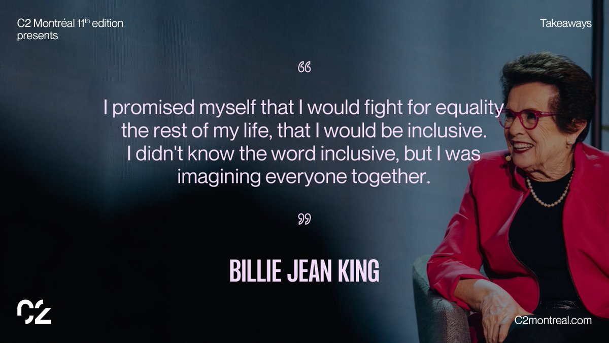 c2montreal's tweet photo. At #C2MTL22, legendary tennis powerhouse @BillieJeanKing shared the advice she learned both on and off the court. If you want to see more speakers like her, keep an eye on our account for a Black Friday promo not to be missed. #C2MTL23 @TennisCanada https://t.co/L1Xfnqlho4