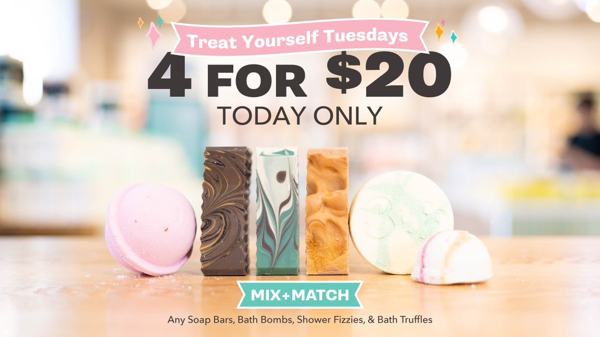 Treat Yourself Tuesday: 4 for $20 includes our handmade Soap Bars, Bath Bombs, Shower Fizzies, &amp; Bath Truffles.
Sale valid TODAY in stores and online at buffcitysoap.com. Hours &amp; Sales may vary by location.
#treatyourself #goodbyefall #plantbased