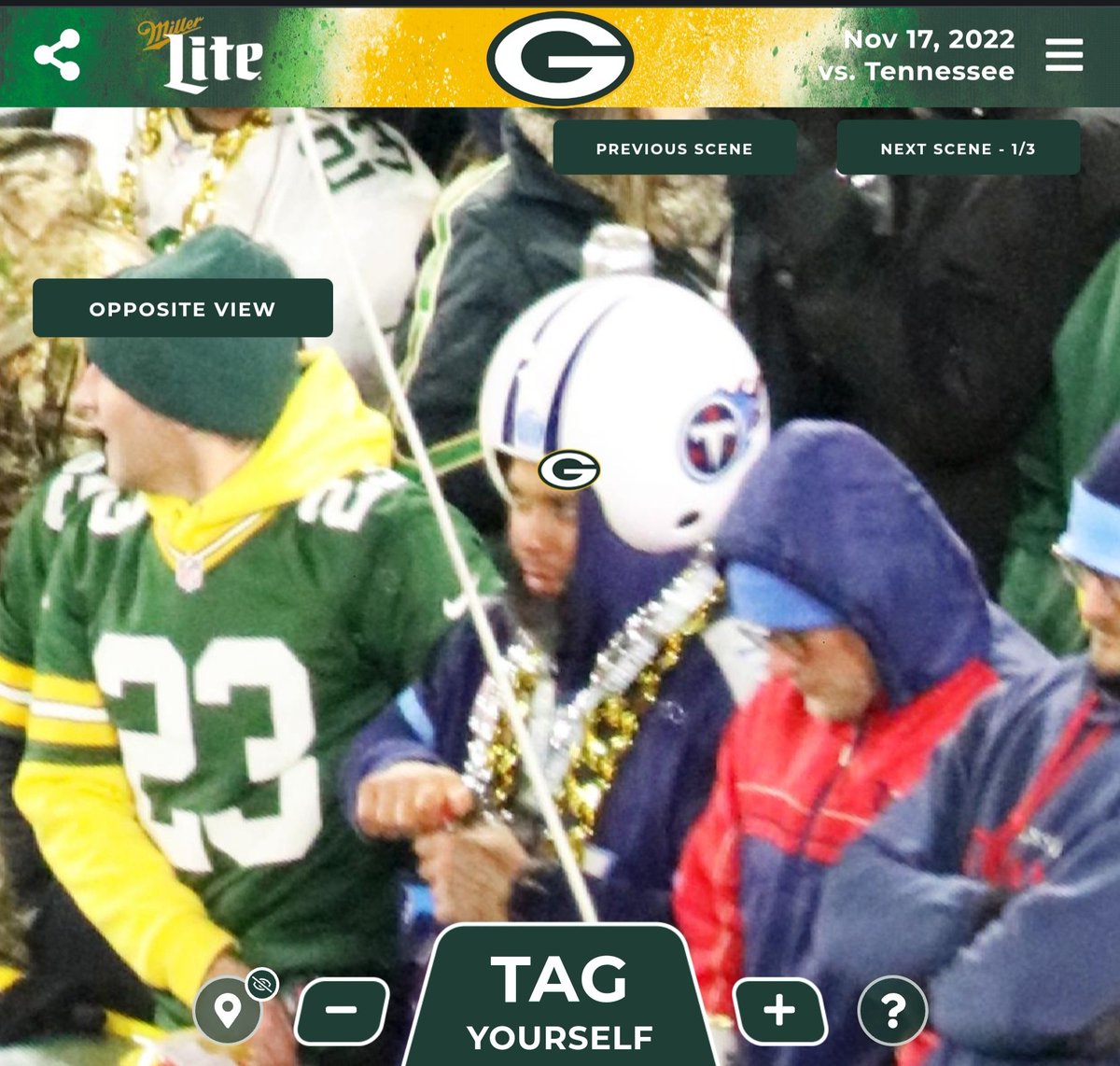 CADILLACG33's tweet photo. Think it's pretty cool the @packers have a #fancam and u can find and tag urself @Titans should do this well every stadium should #titanup #tennessee #titans #Packers #TENvsGB #TNFonPrime #TNF #GoPackGo #greenbay #fan https://t.co/ij0gYtoVIw