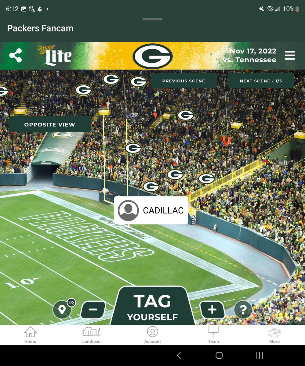 CADILLACG33's tweet photo. Think it's pretty cool the @packers have a #fancam and u can find and tag urself @Titans should do this well every stadium should #titanup #tennessee #titans #Packers #TENvsGB #TNFonPrime #TNF #GoPackGo #greenbay #fan https://t.co/ij0gYtoVIw