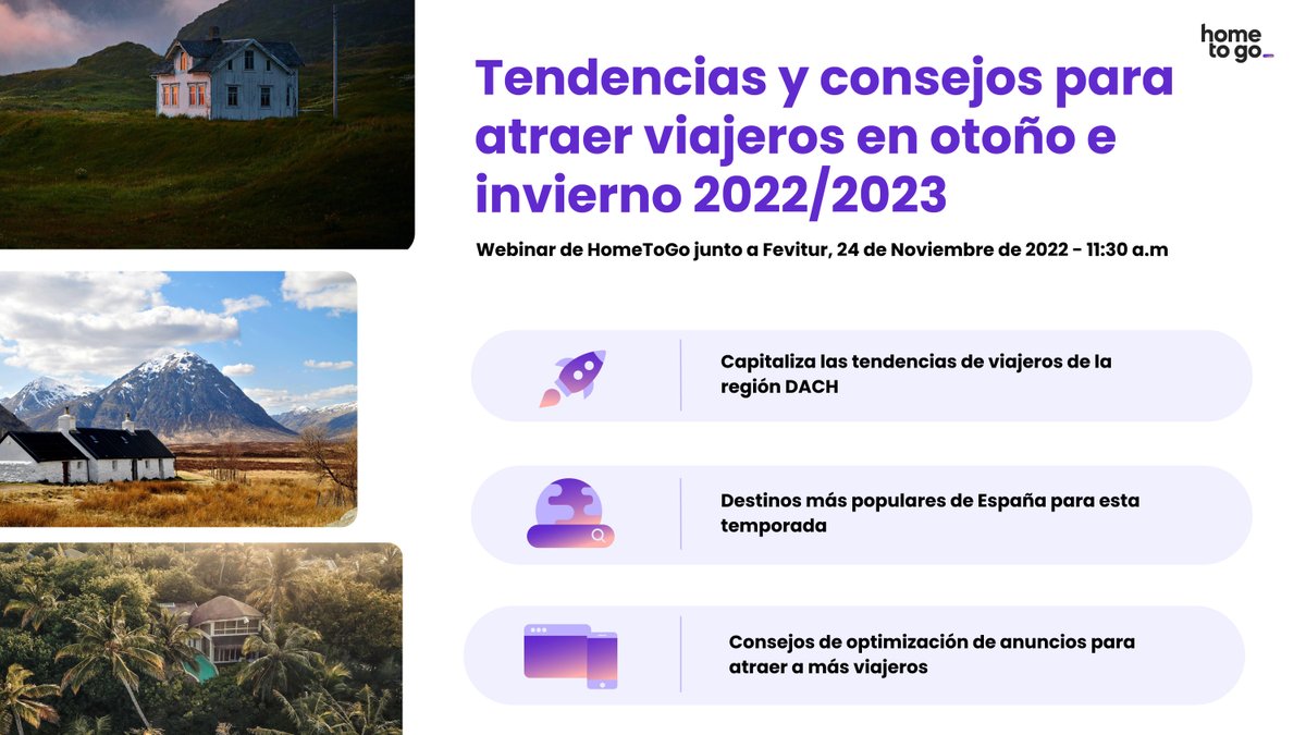 Este jueves conéctate al webinar que organizamos de la mano de <a href="/HomeToGo_es/">HomeToGo (ES)</a>  y conoce cómo viajan los huéspedes, sus destinos preferidos y qué buscan cuando reservan su próxima escapada.

🗓 Miércoles 24 de noviembre
🕚 11.30 horas
✏ ow.ly/xv7M50LEpWI