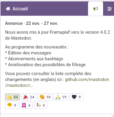 guepier92's tweet photo. ℹ️#Framapiaf instance #Mastodon🐘de @framasoft vient de passer en version 4.0 : on peut maintenant éditer le pouets (ce que Twitter n'a encore jamais fait) et s'abonner aux hashtags (entre autres)🙂

Framapiaf➡️https://t.co/04l2uNZx0o 
Nouveautés ➡️https://t.co/k51NT0gg2b https://t.co/TE5sgi6fsg