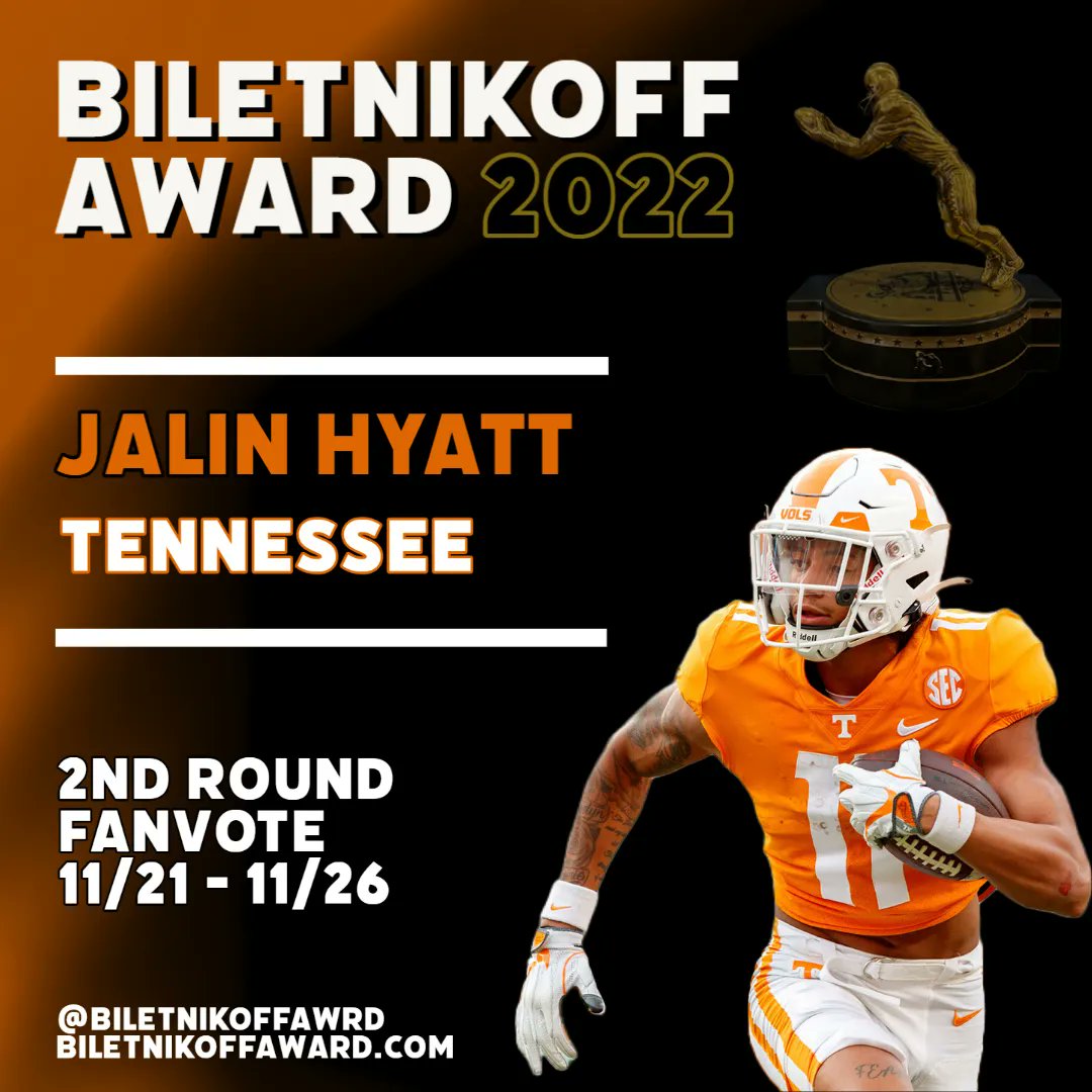 biletnikoffawrd's tweet photo. Fans can vote for Jalin @jalinhyatt on FanVote! https://t.co/S5HbXJJiUe. The top 3 vote-getters will each earn 1 official committee vote to determine the Biletnikoff Award finalists. @Vol_Football @Vol_Sports #OutstandingReceiver #NCFAA https://t.co/wNAB81eedm