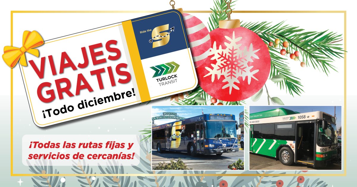 StanRTARideTheS's tweet photo. Oh, free bus rides, oh, free bus rides, how lovely are your headlights.
It’s getting closer, maybe not the song, but The S and Turlock Transit will be FREE in December! Happy Holidays! #RideTheS #TurlockTransit #FreeRides https://t.co/rU1QccvASa