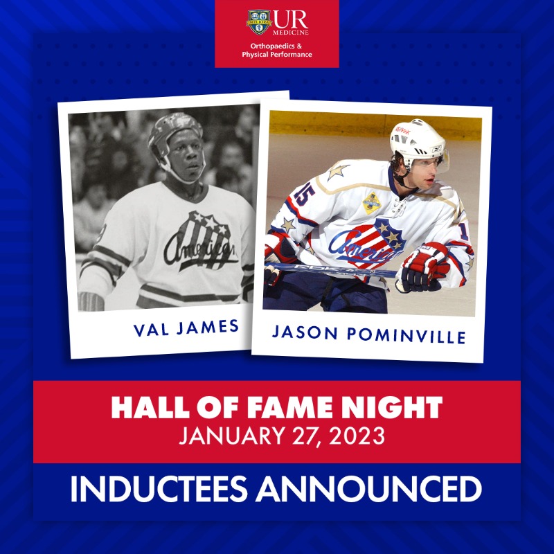 AmerksHockey's tweet photo. We are thrilled to announce Val James and Jason Pominville as the inductees for the Amerks Hall of Fame Class of 2023!
Join us as we honor them on Friday, January 27.
