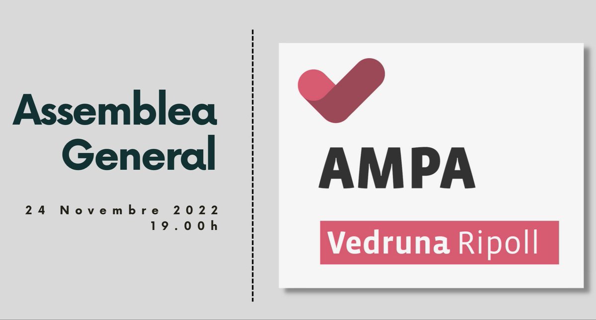 🗓️24 de novembre 2022 
🏫Escola Vedruna Ripoll 
🕖19 h

ORDRE DEL DIA:
- Aprovació acta sessió anterior 
- Accions programades curs 22-23 i donar compte activitats curs 21-22 
- Estat de comptes 21-22 i pressupost 22-23 
- Incorporació nous membres a la Junta

T'hi esperem❗️