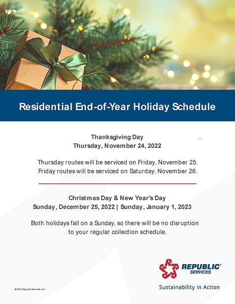 Trash and recycling schedule for the remainder of the year: