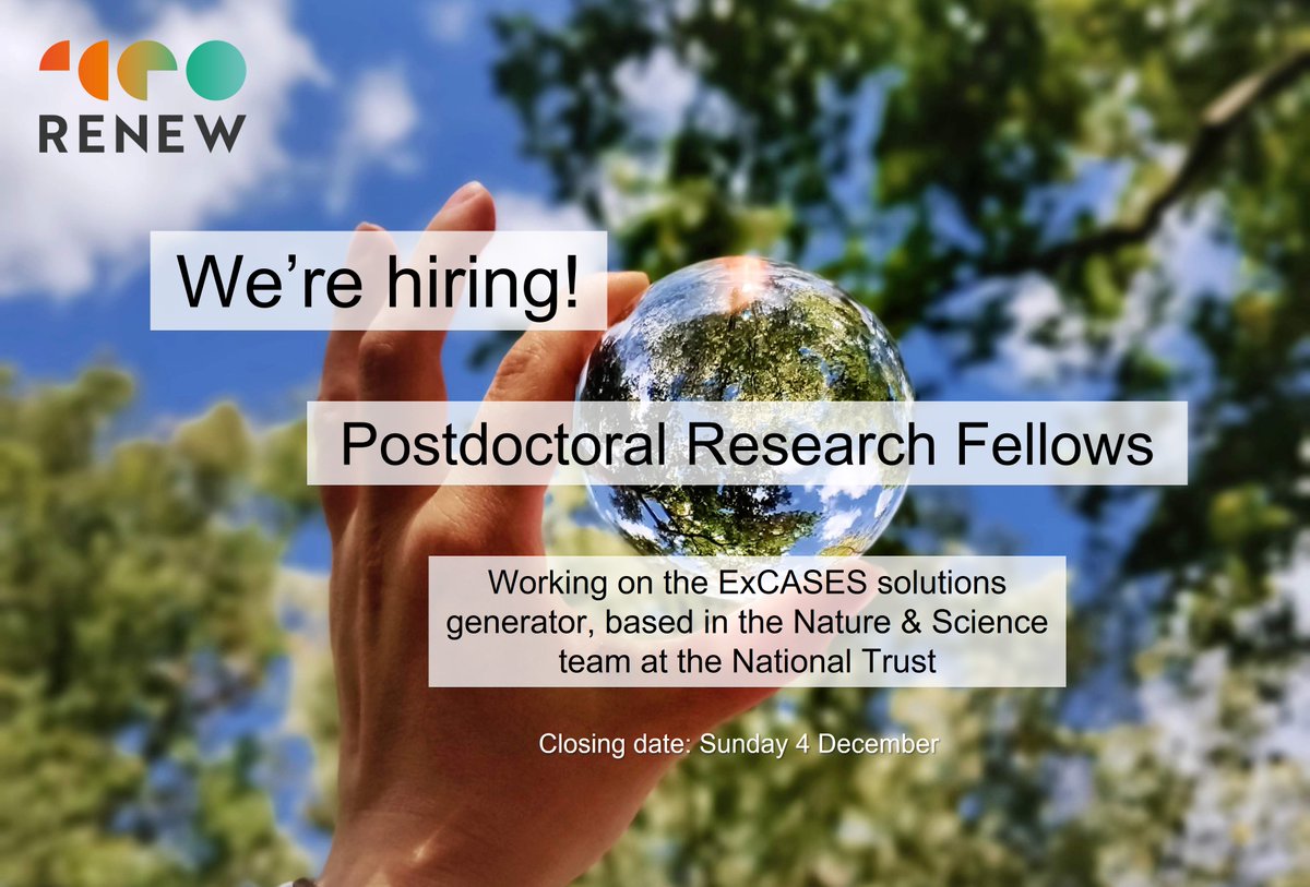 RENEW (@renew_nature) on Twitter photo 📢 Job alert, please RT! Postdoctoral Research Fellow positions available in our ExCASES research team, based <a href="/nationaltrust/">National Trust</a>
An exciting opportunity to be part of RENEW’s multidisciplinary solutions generator. Full details here: bit.ly/3UWfJAn Closing date: 4 Dec 2022 📢 Job alert, please RT! Postdoctoral Research Fellow positions available in our ExCASES research team, based <a href="/nationaltrust/">National Trust</a>
An exciting opportunity to be part of RENEW’s multidisciplinary solutions generator. Full details here: bit.ly/3UWfJAn Closing date: 4 Dec 2022