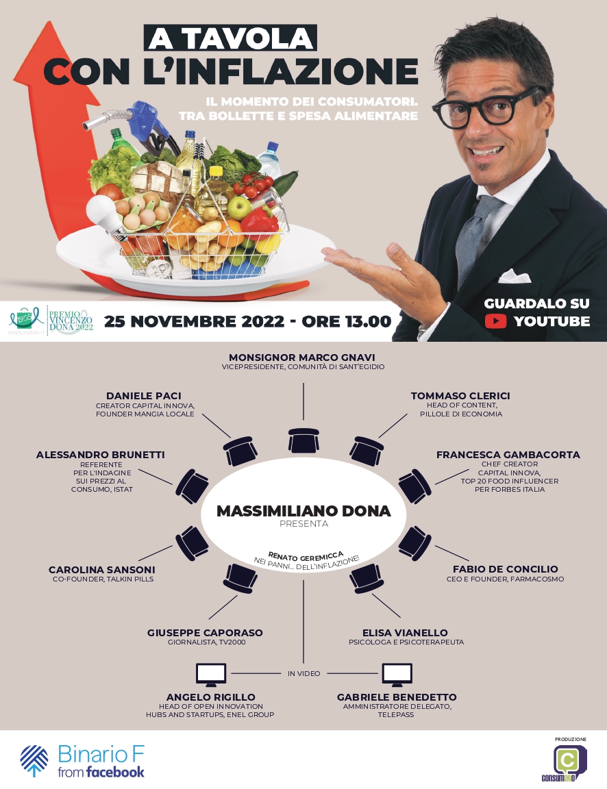 consumatori's tweet photo. “A tavola con l’inflazione” è il titolo del 𝗣𝗥𝗘𝗠𝗜𝗢 𝗩𝗜𝗡𝗖𝗘𝗡𝗭𝗢 𝗗𝗢𝗡𝗔 𝟮𝟬𝟮𝟮, in programma venerdì 25 novembre alle ore 13.00 in streaming sul canale Youtube di UNC. 🔗 https://t.co/9eyOO6OCOP
Qui tutte le informazioni: https://t.co/bAtg9mZtjk https://t.co/Ceou0Bc3ZN