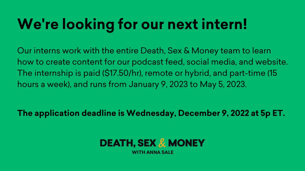 We're looking for our next intern! This is a paid, part-time, and remote-friendly role from January-May 2023. Current students and recent grads are welcome to apply! Read more and apply here by Wednesday, December 9, at 5p ET: bit.ly/3OpFfeU