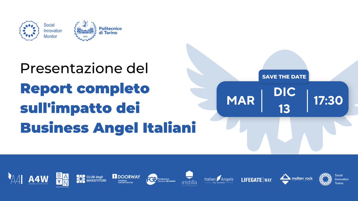 Martedì 13 dicembre alle ore 17.30 su Zoom avrà luogo presentazione dell’ultimo Report completo sull’impatto dei #BusinessAngel italiani🚀 

👉 Maggiori dettagli e ospiti saranno comunicati a breve. Intanto, salva la data sul tuo calendario: addevent.com/event/BA155967…