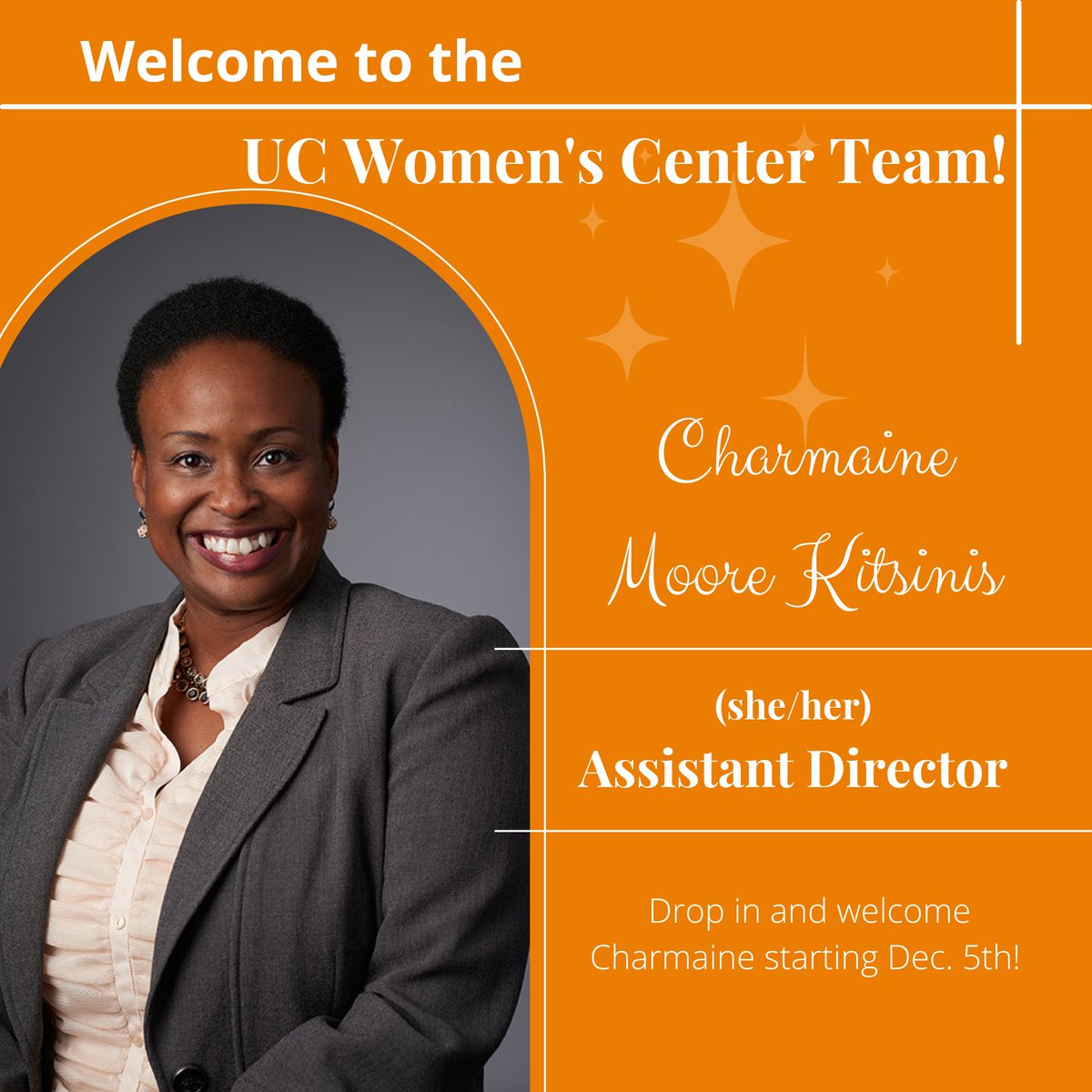 We're thrilled to welcome Charmaine Moore Kitsinis to the WC team as our new Assistant Director, starting Dec. 5th! We're now fully staffed and excited to forge ahead. <a href="/StuAffUC/">UC Student Affairs</a> <a href="/UC_LGBTQcenter/">UC LGBTQ Center</a> <a href="/UC_WGSS/">UC WGSS</a>