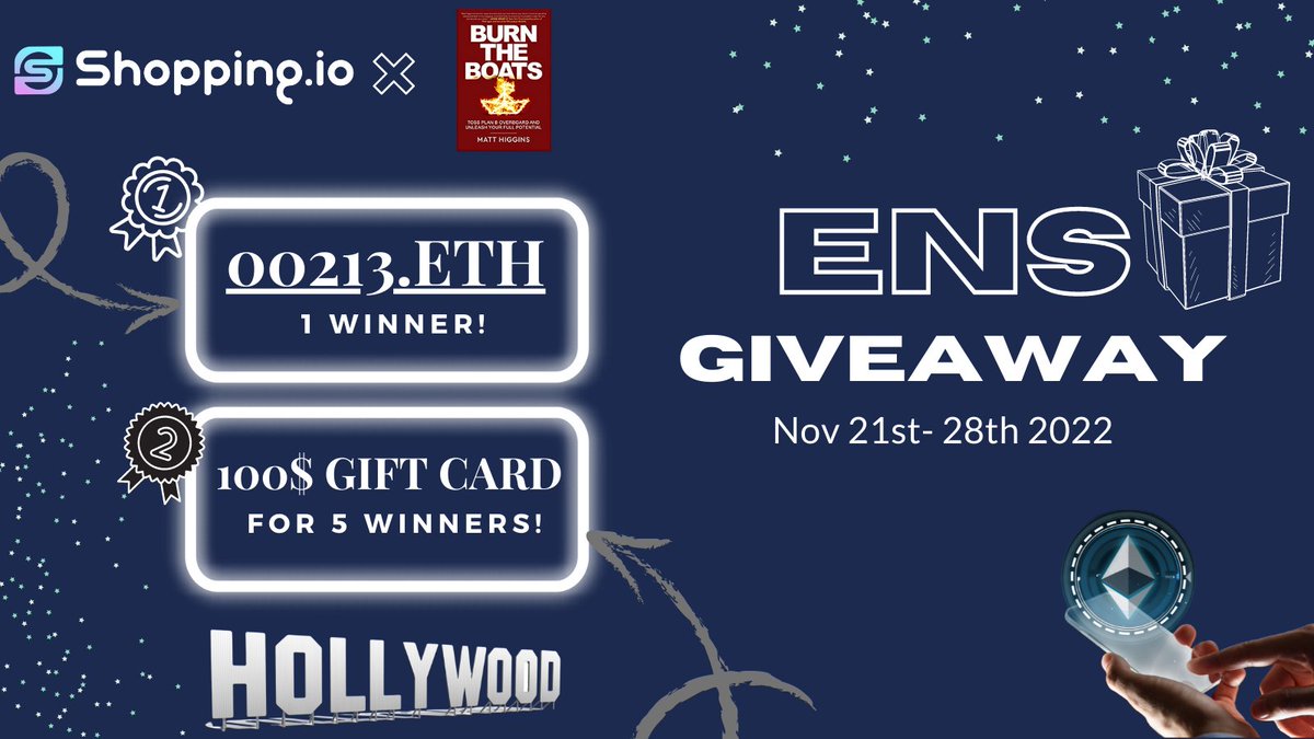 gm!

🎉To celebrate the book release "Burn the Boats" by Matt Higgins, Shopping.io is hosting #ENS #Giveaway

🏆Winner 00213.ETH
🎁5x $100 Gift cards

To enter👇 

1️⃣#Follow <a href="/shopping_io/">Shopping.io</a> &amp; <a href="/mhiggins/">Matt Higgins</a>
2️⃣#RT 
3️⃣#Comment #BTB #ENS #SHOP
4️⃣#tag 2 friends 

Until Nov 28th⌛️