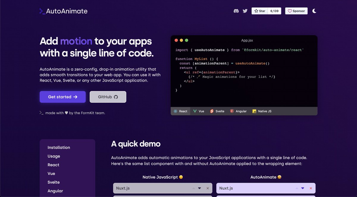 今までUIのライブラリはant designしか使ってこなかったのですが、auto-animate.formkit .comとてもよい。。！

見た目だけじゃなくて、動きまでこだわってるところが好き！！

他にも動きをつけられるライブラリあったら教えてください😇