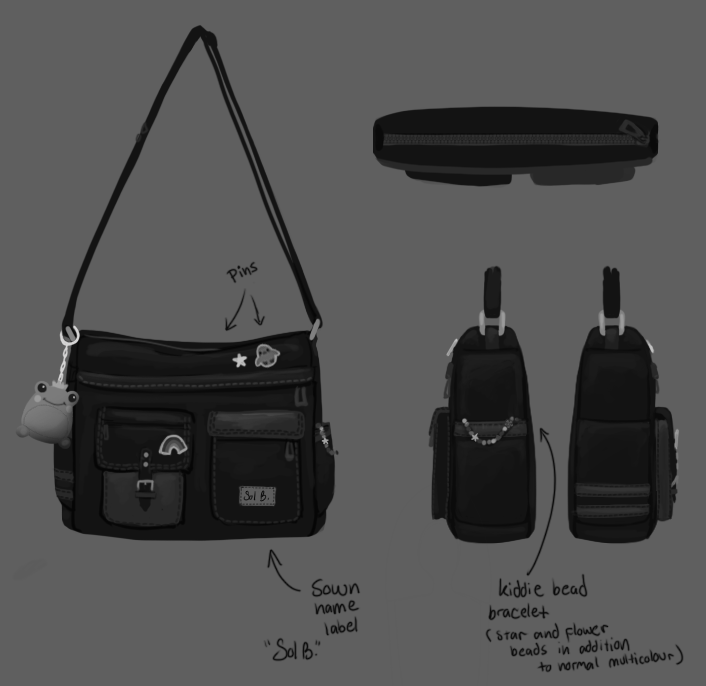nameheregames's tweet photo. Sol's bag, designed by Anna (@Raeneki) Would you wear this? 🤔#gamedev #gameart #indiedev #indiegame #conceptart #characterdesign @Falmouthgames https://t.co/YoP1oWGWEk