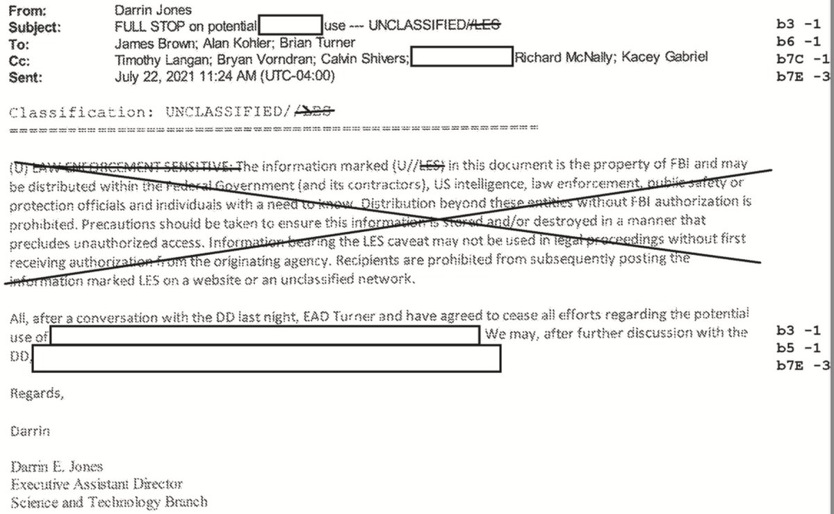The FBI/NSO documents obtained by the <a href="/nytimes/">The New York Times</a> show that in the days following the first Project Pegasus story on July 18 2021, the FBI sent around internal emails with subjects like "NSO updates" and "FULL STOP on potential [redacted] use." int.nyt.com/data/documentt…