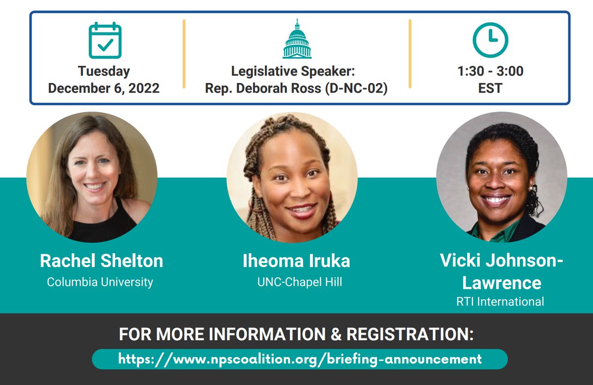 1/Join us Dec 6th for Congressional Briefing hosted for <a href="/NPSCoalition/">National Prevention Science Coalition (NPSC)</a> on Science-Driven Approaches to Reducing Inequities through Public Health Policy! So honored to be on this panel with @IheomaIruka &amp; Dr. Vicki Johnson-Lawrence. More info &amp; registration: npscoalition.org/briefing-annou…