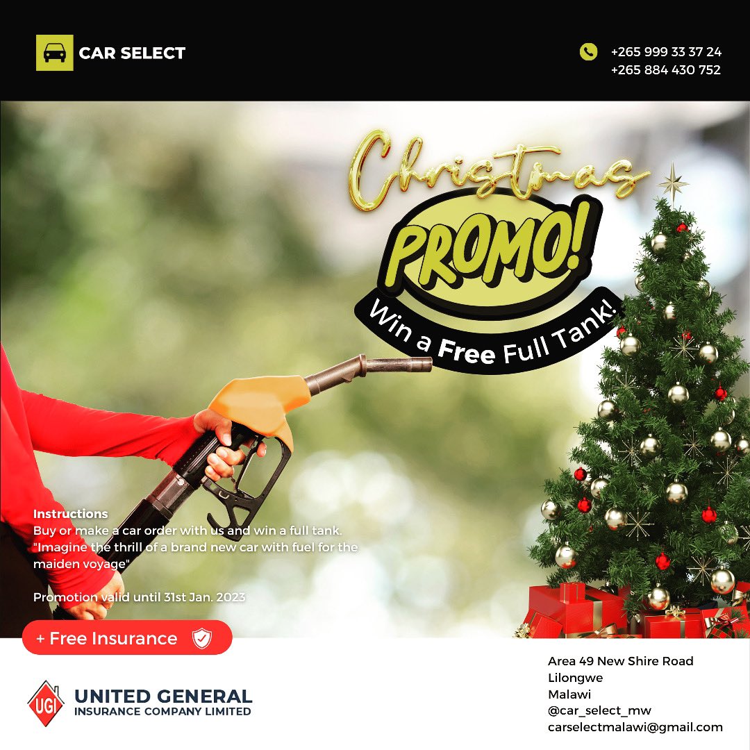 Car_Select_mw's tweet photo. Christmas time is season of giving! That’s why we are giving away a FREE full tank of fuel to every one of our new customers.

All you have to do is make a car order with us

Promotion runs till January 31st 2023

#carselectmw #carservices #christmas https://t.co/ZR5EBIS87E