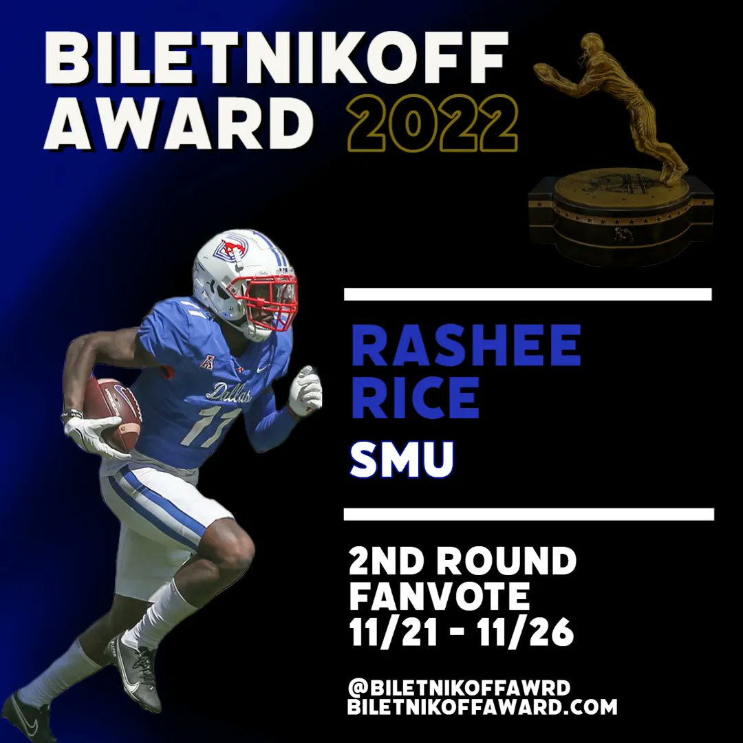Fans can vote for Rashee @RiceRashee11 on FanVote! Biletnikoffaward.com/fan-vote. The top 3 vote-getters will each earn 1 official committee vote to determine the Biletnikoff Award finalists. @SMUFB @SMUMustangs #OutstandingReceiver #NCFAA
