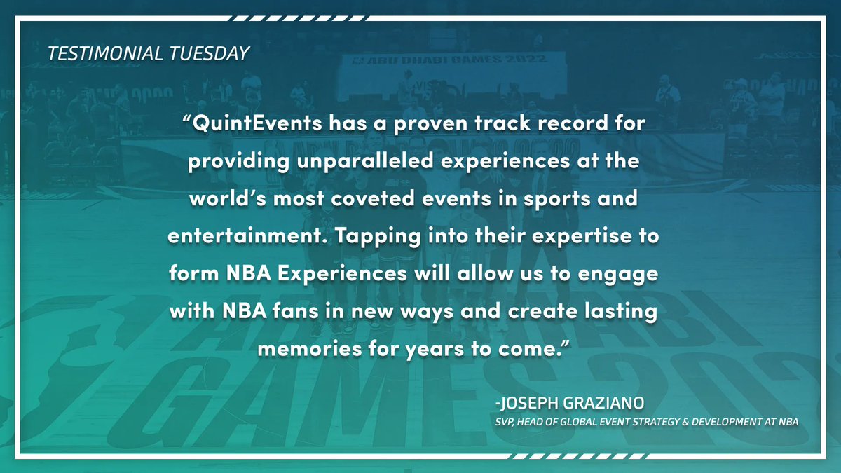 QuintEvents is the Official Experiences Provider of the <a href="/NBA/">NBA</a>, forming a partnership with the league that created <a href="/NBAExperiences/">NBA Experiences</a> 🏀 

The NBA and Quint will push the boundaries of expected access, innovate experiences &amp; grow the global presence of the brands through new markets.