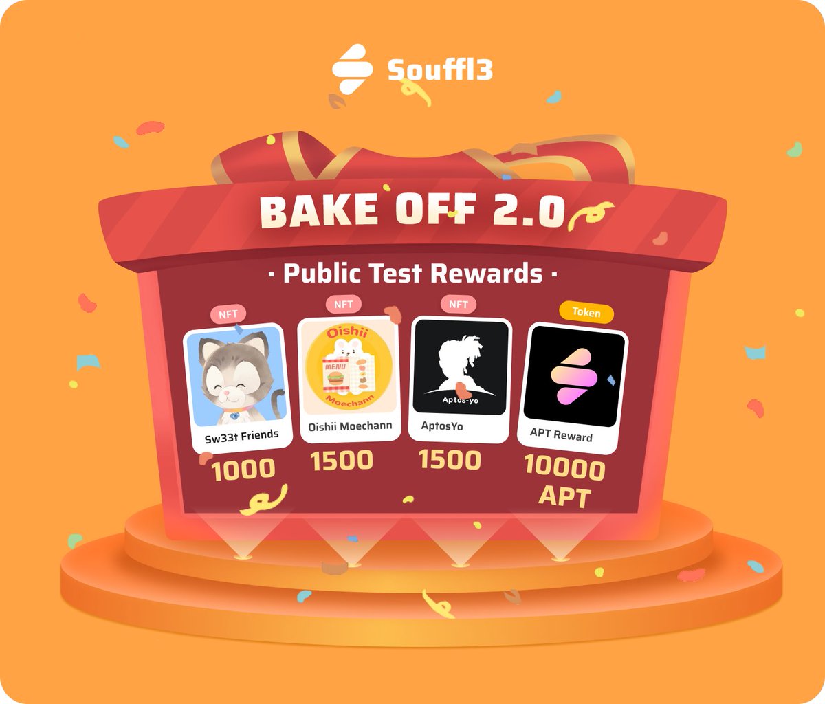 nft_souffl3's tweet image. Announcing BAKE OFF 2.0 Public Test Rewards.
😻1000 Sw33t Friends dNFT by @firstdrop_xyz 
🍛1500 @Oishii_Moechann NFT
🆓1500 @Apto_yo NFT
💰10000 APT rewards by us💰
And of course, even more egg, sugar, milk, flour, and BLUEBERRIES🫐
wanna even more rewards? tell me👇