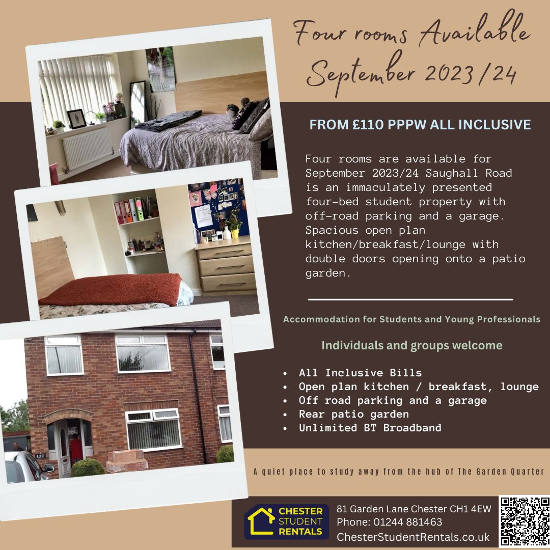 ChesterRentals's tweet photo. Four rooms are available for September 2023/24 132 Saughall Road is an immaculately presented four-bed student property with off-road parking and a garage. Spacious open plan kitchen/breakfast/lounge with double doors opening onto a patio garden. https://t.co/XXKUTvJMb1