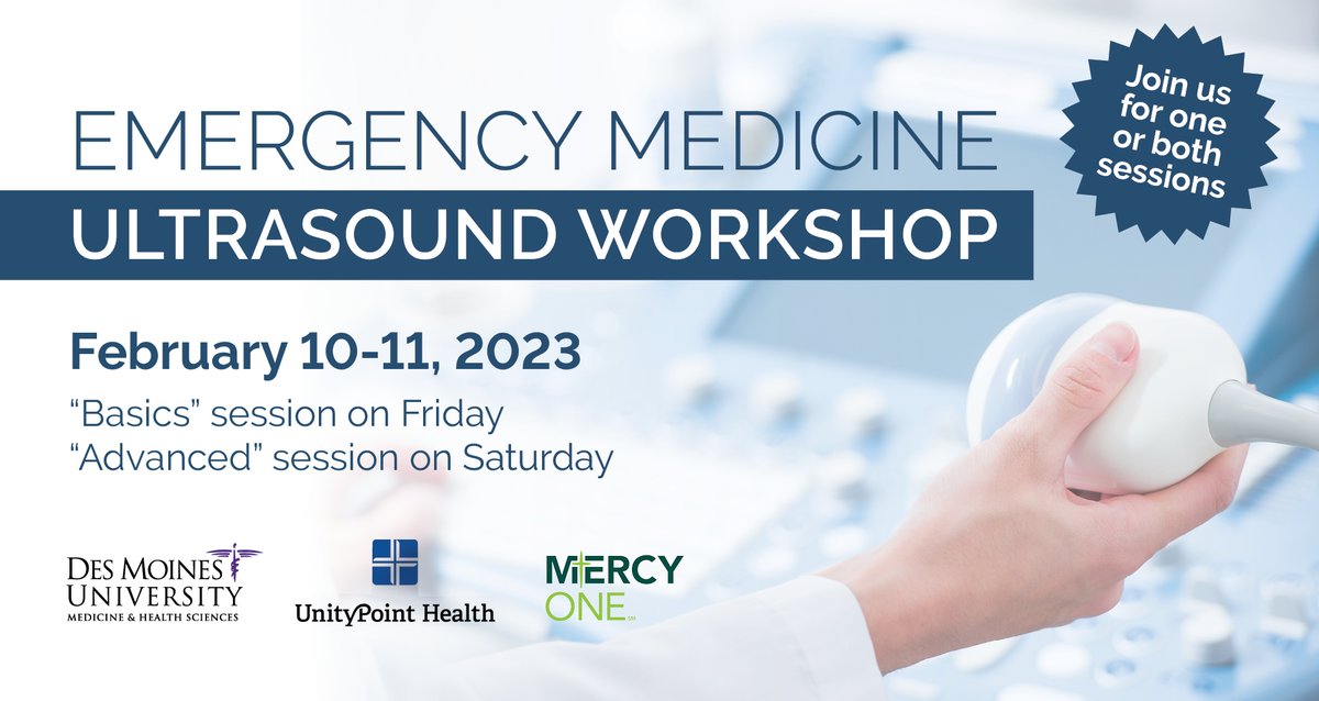 IMMCEMResident's tweet photo. Save the date, and join us February 10-11, 2023, @DesMoinesUniv for the Emergency Medicine Ultrasound Workshop! For more information, please visit https://t.co/Cu0JR3IPaM. @toddsextonDO @ClintHawthorne @NK_irish @NashWhit @thebrittwhite @allie_rapp @bjennett7 https://t.co/h8DxSugDyd