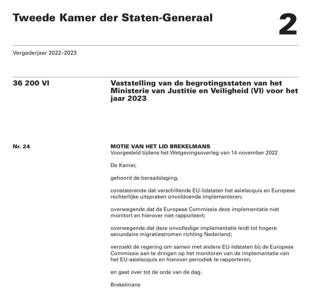 Mooi! Zojuist zijn 3 moties van mij aangenomen om de #asielinstroom te beheersen:

✅ Gezamenlijke aanpak voor intensievere bewaking binnengrenzen
✅ Opties aandragen om inwilligingspercentage terug te brengen
✅ Betere monitoring van EU lidstaten die asielafspraken niet nakomen