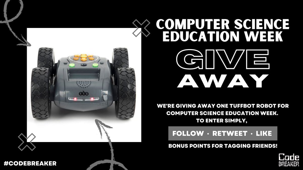 🎉 It’s giveaway time! 🎉

#CSEdWeek is just 2 weeks away and we want to send you a Tuffbot Robot!

To enter, simply…
👥 Follow us
🔁 Retweet
❤️ Like

Bonus points for tagging a friend!

One lucky winner will be announced this weekend!

#CodeBreaker 🤖🎉