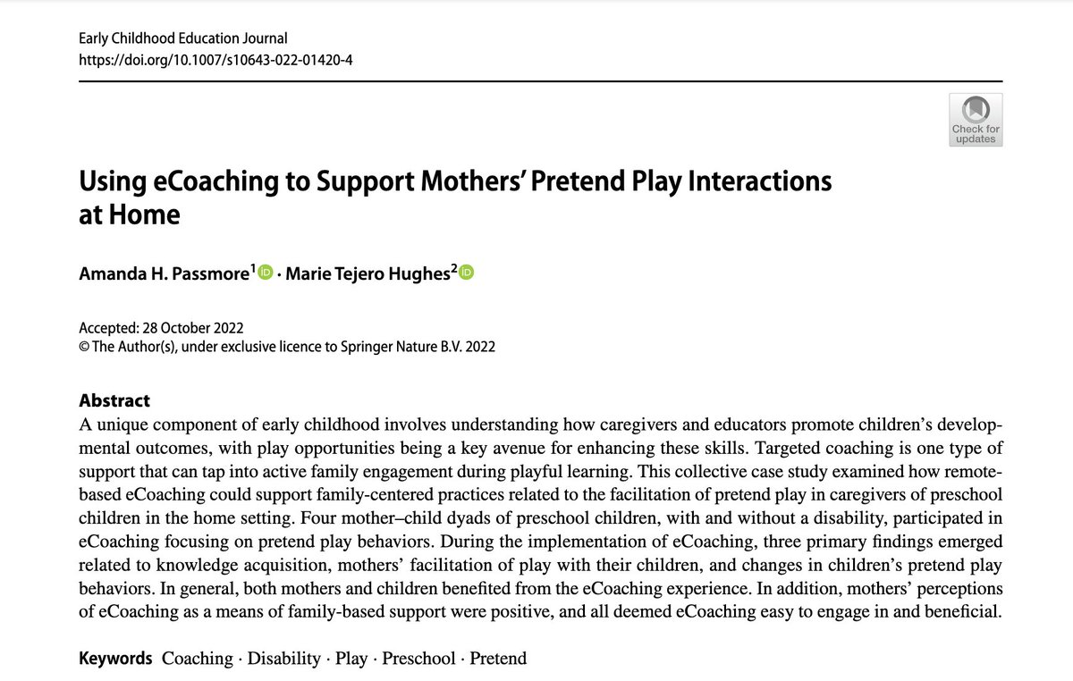 Work from my dissertation has been published! 
Check it out here: rdcu.be/cZ15j 
#PandemicPhD #EarlyIntervention #EI #ECSE #EducationalCoaching #EarlyChildhood