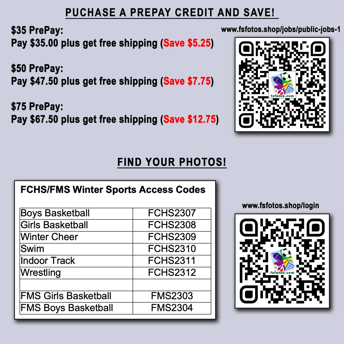 FSPhotos's tweet image. FCHS/FMS Sports Parents...Purchase a PrePay credit to save $$ and get FREE shipping on your order.  PrePay closes 11/30.
fsfotos.shop/jobs/public-jo…

@FlucoActivities @FlucoGBB @FlucoCheer @FlucoAthletics @FluvannaHoops