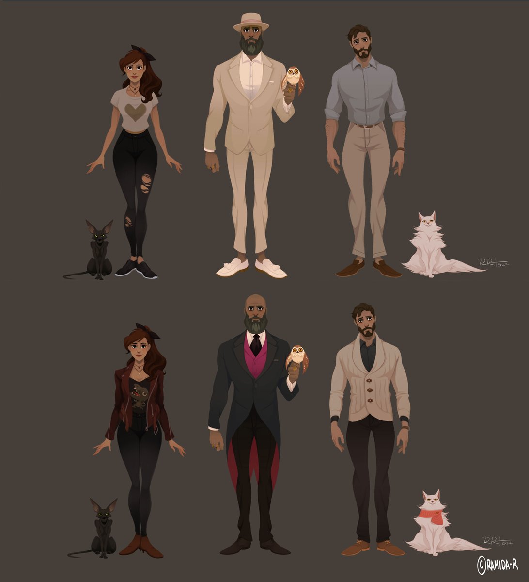 Line up study of my low-key magical OC family. A dad, his twins, and their familiar spirits.