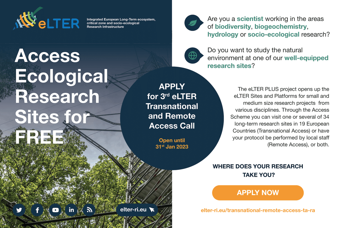 🚨Get #funding to do your #research at one (or several!) of 34 eLTER sites in 19 countries. So far, we have granted €400k to +60 scientists. You could be next!

#ecology #environment #biodiversity #hydrology #biogeochemistry #socioecology 

Learn more: elter-ri.eu/transnational-…