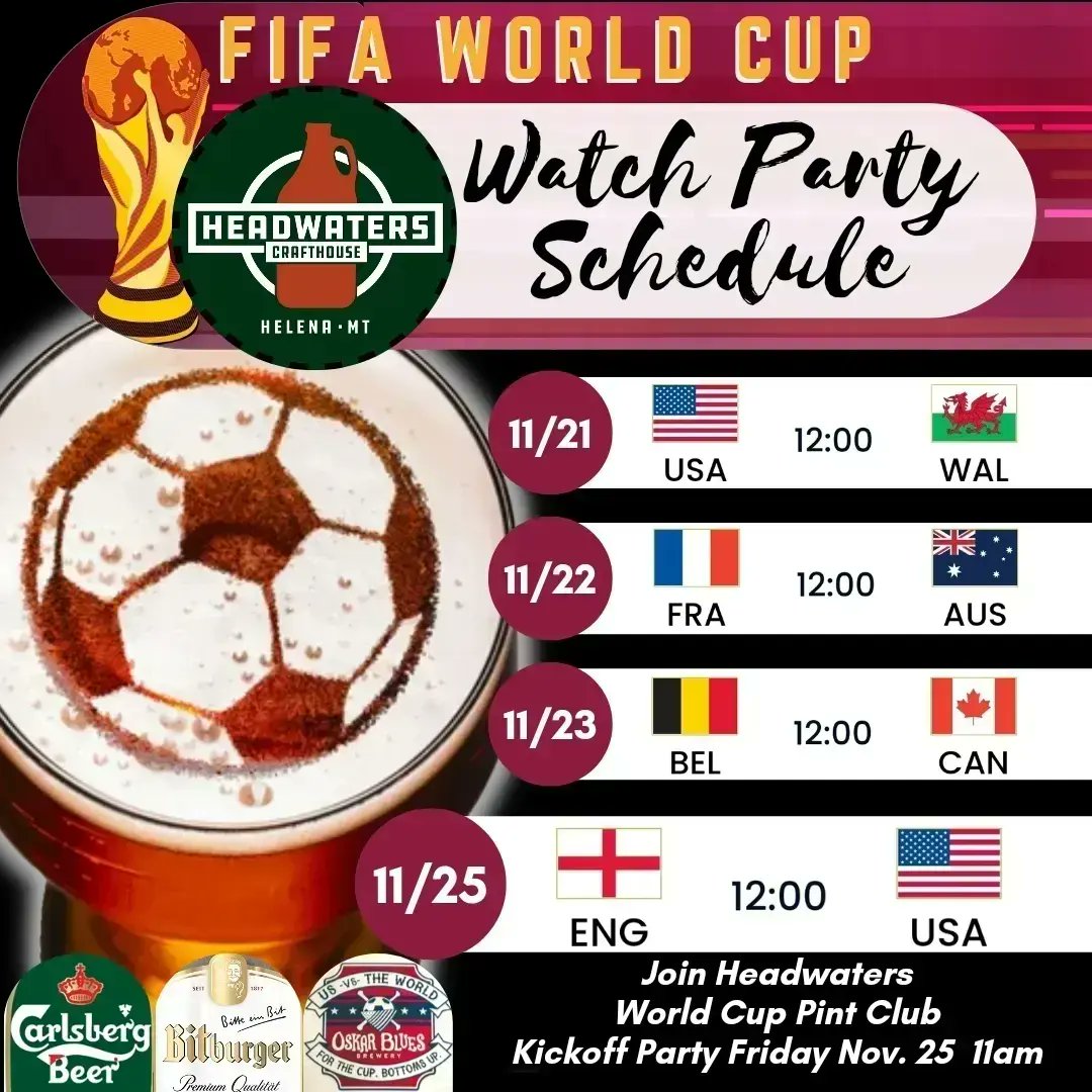 HeadwatersCraft's tweet photo. ⚽️ Headwaters will be Opening Early at 11am to Watch the Matches, Today- France vs Australia 
⚽️ Headwaters World Cup Pint Club $15
• Offical World Cup Pint Glass to Have
• $1off Sponsoring Beers (Carlsberg, Bitburger, Oskar Blues) when Watching Matches at Headwaters Crafthouse https://t.co/aGGJyDht4r